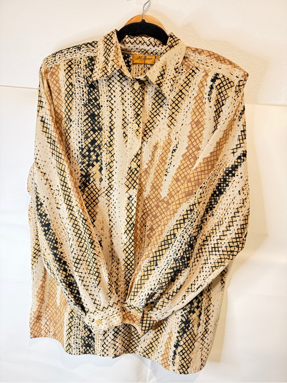 Vintage Milano Beige and Black Abstract Grid Print Button-Down Shirt